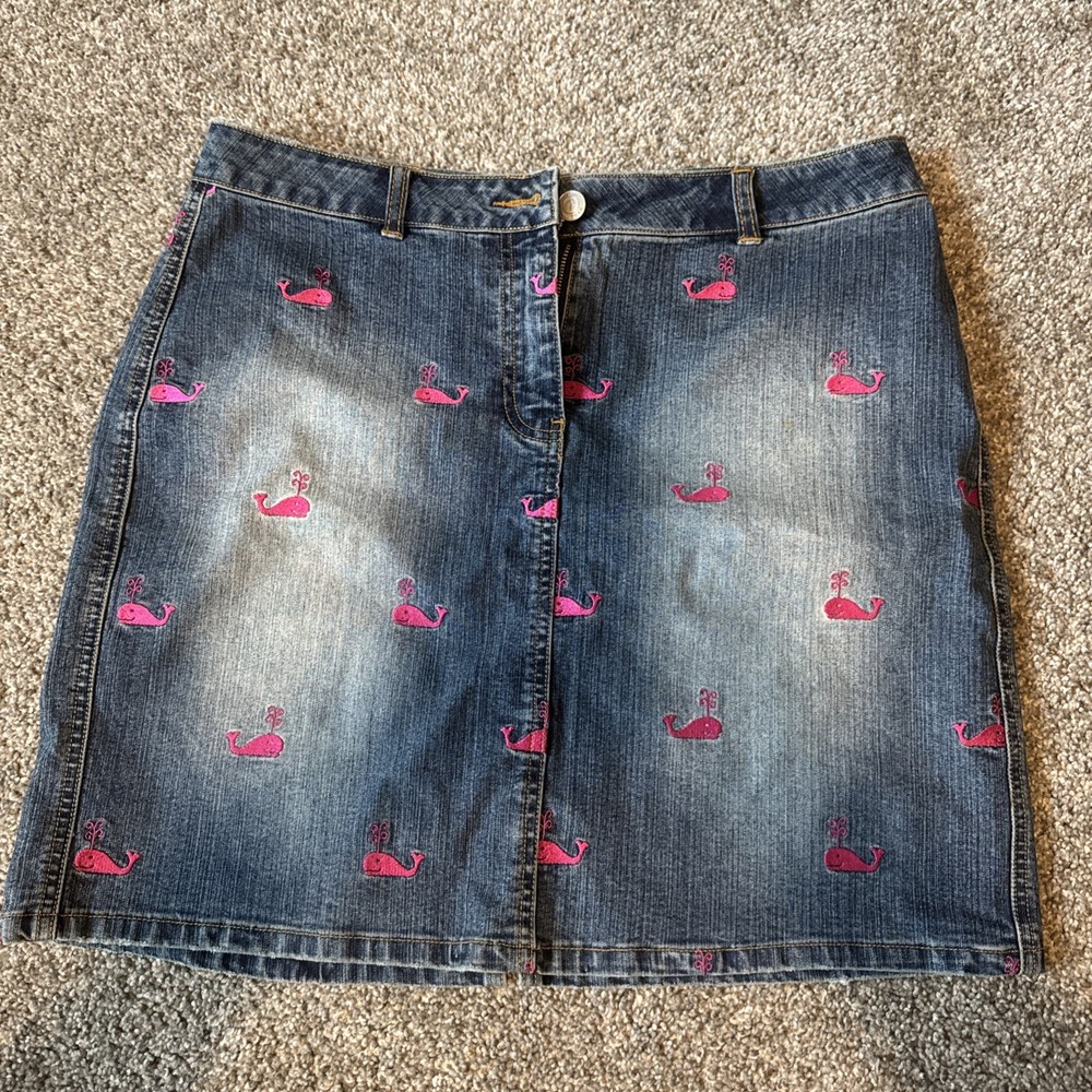 Lilly Pulitzer Women's 8 Pink Whales Embroidered Denim Short Mini Skirt Cute AOP