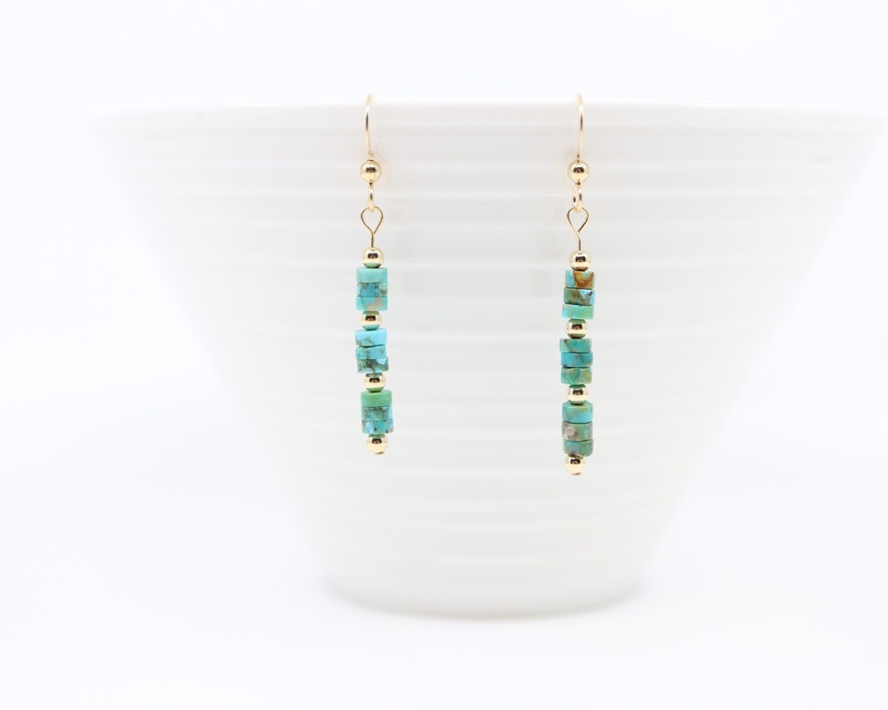 Long Thin Blue Green Kingman Turquoise Earrings in Solid 14k Gold