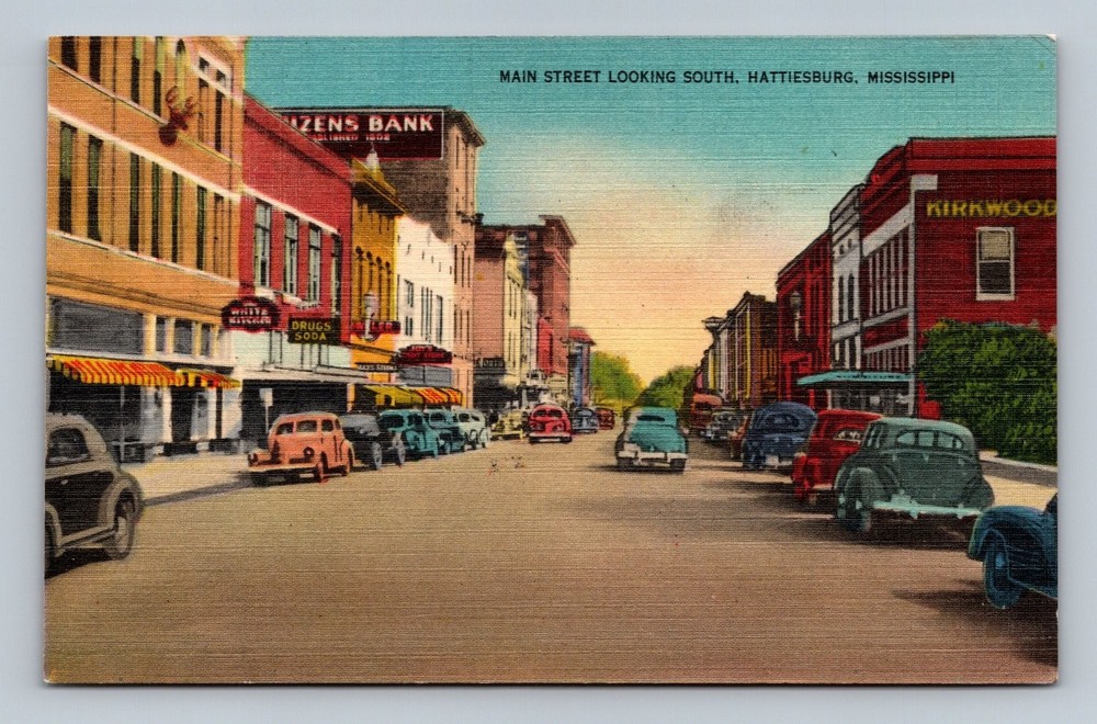 Vintage Linen Postcard Main Street Hattiesburg Mississippi 1940s Cars