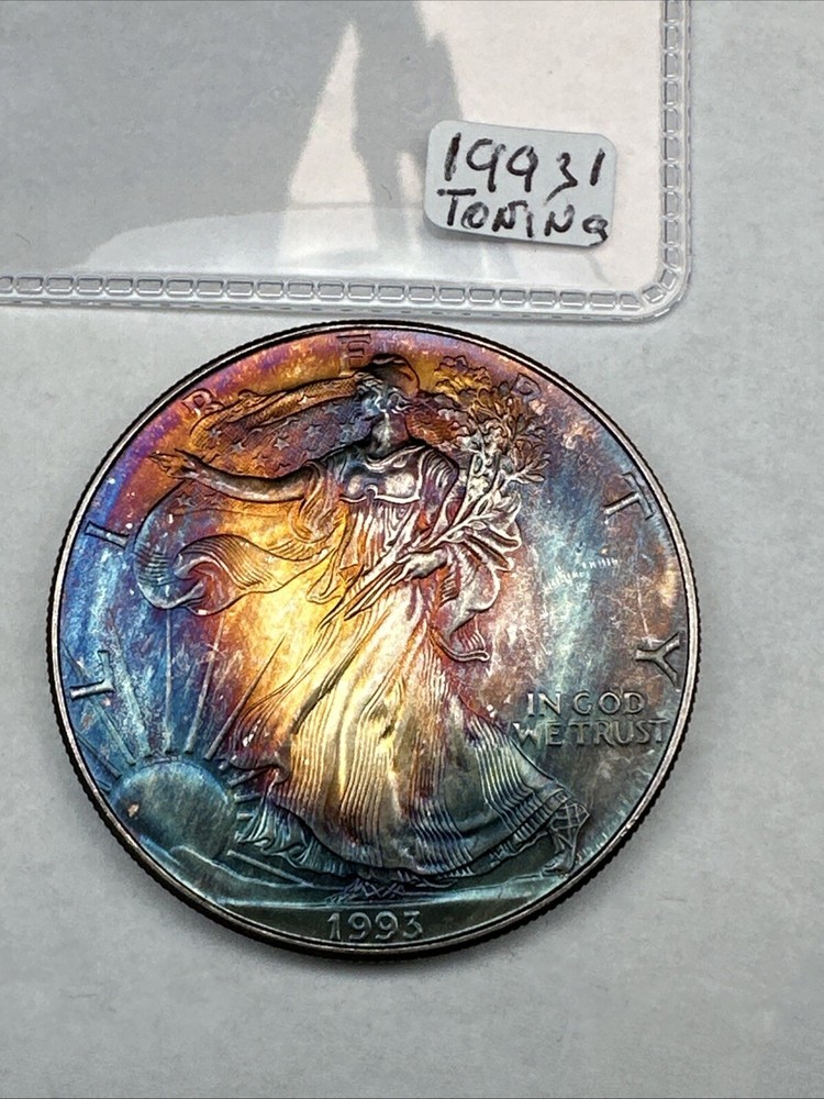1993 American Silver Eagle! $1 1oz 0.999 Fine Cool Rainbow Toning! Uncirculated