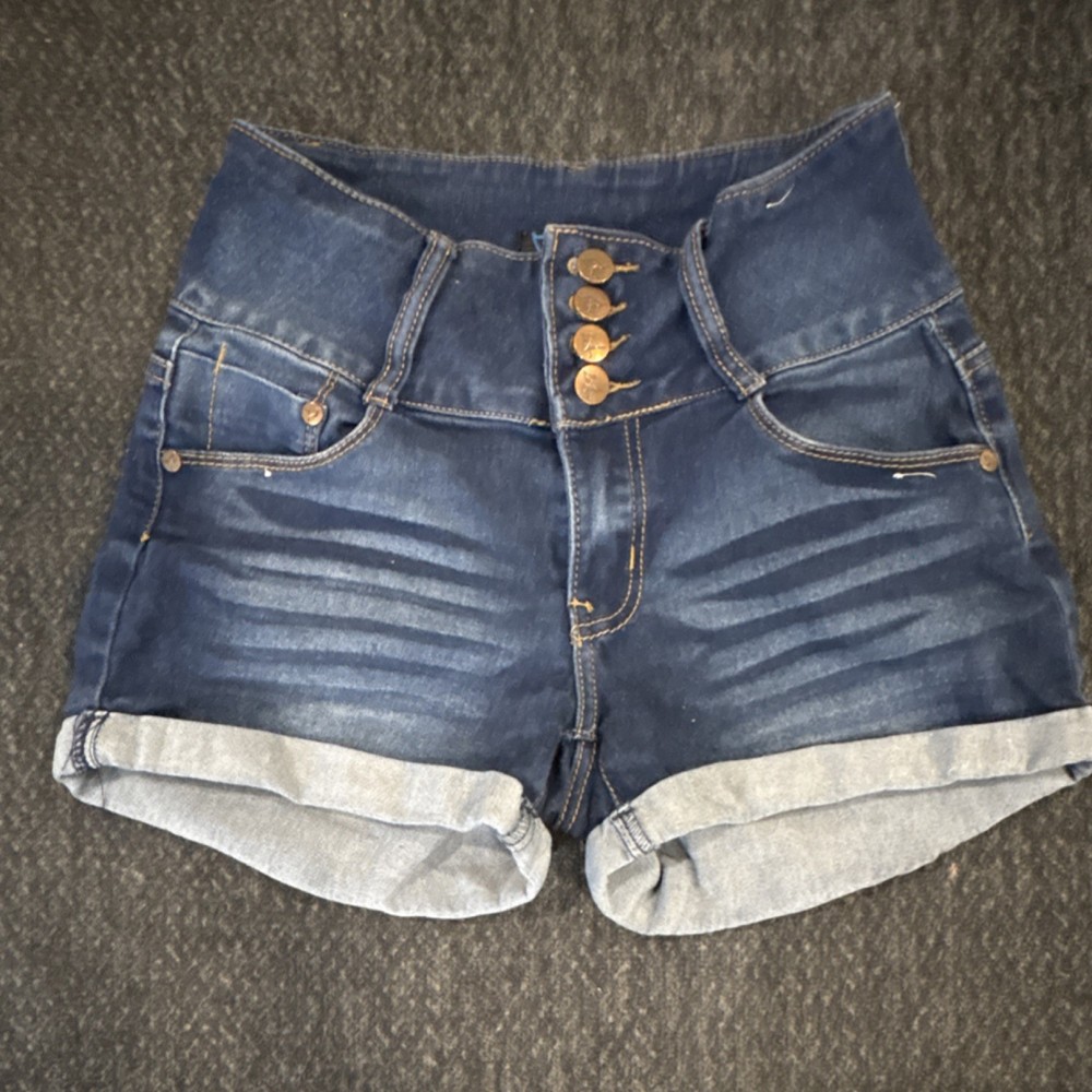 Denim High Waist Blue Shorts Button Front 5-Pocket Cuffed Women's Regular Fit