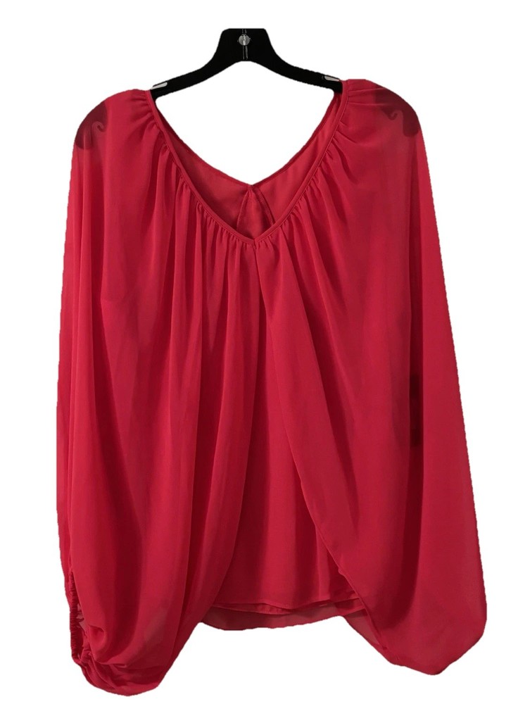 NWT Vince Camuto 1X Geranium Pink Sheer Blouse Long Balloon Sleeve V-Neck Top
