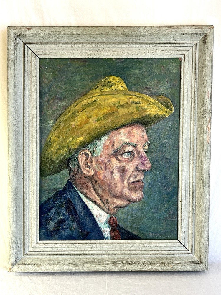 Vintage Framed Oil Painting of a Man in a Yellow Cowboy Hat Texan Western Style
