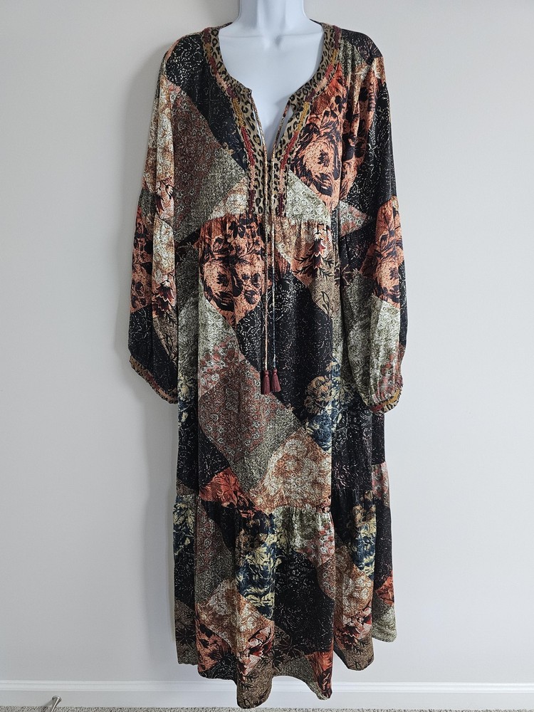 Johnny Was Dress Womens XL Mabel Multi Silk Boho Patchwork Tiered Peasant Fall