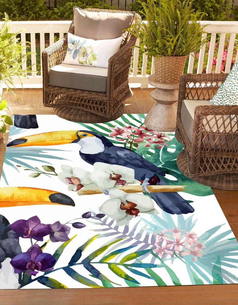 Modern Toucan Oil Painting Area Rug with Multi-Plant Design for Hallway