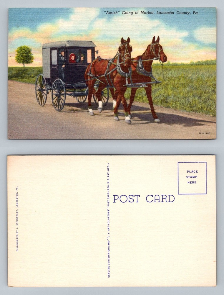 Lancaster PA-Pennsylvania Amish Horse and Buggy Going to Market Vintage Postcard