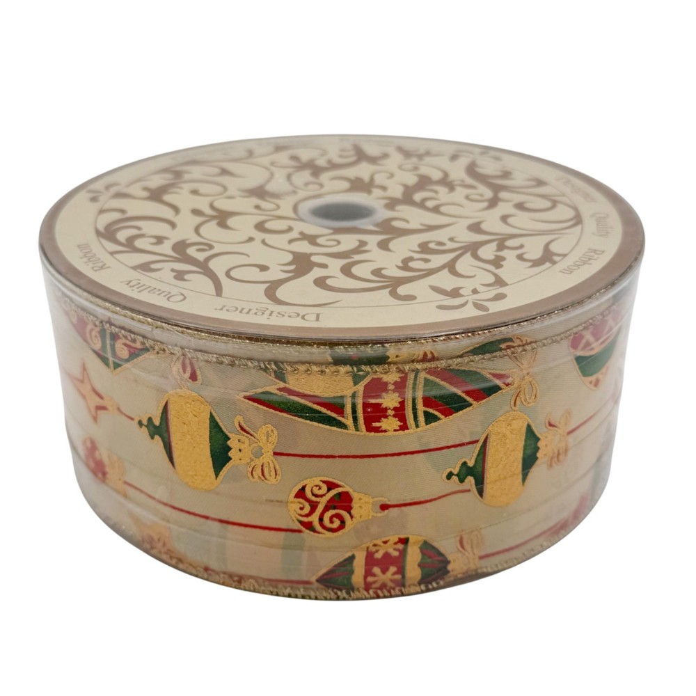 50 Yd 2.5” Ribbon Wired Designer Quality Christmas Ornament Print VTG Taiwan NOS