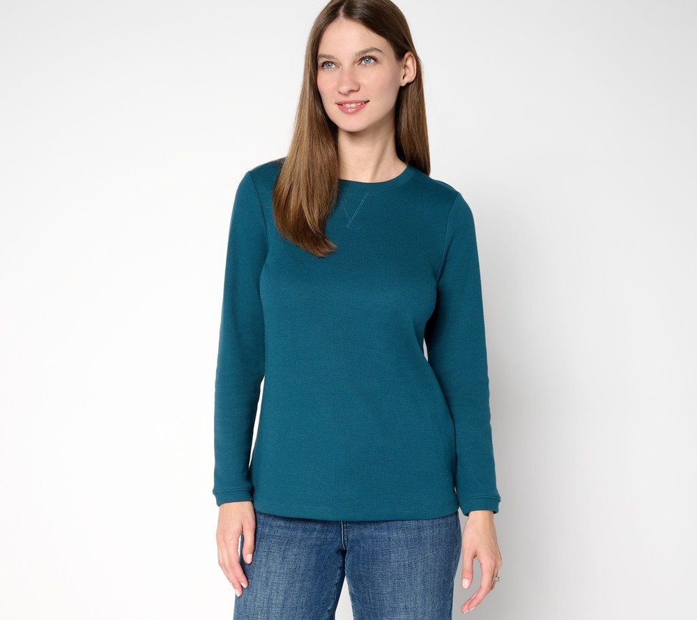 Denim & Co. Women's Top Sz XS Essentials Waffle Knit Long-Sleeve Blue A452046