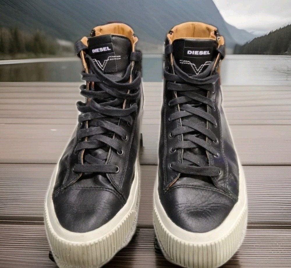 Diesel S-Voyage Mens10.5 Black Leather High Top Zip Sneakers
