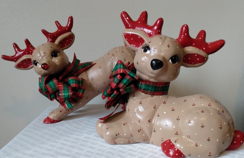 Vtg. Kimple Mold Christmas Ceramic Reindeer Figurines Quilted Rudolph & Clarice