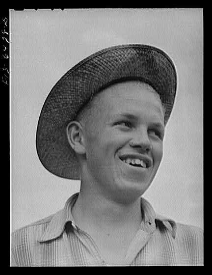 Photo:1910s Young Boy Straw Hat Portrait Smiling Studio Photograph