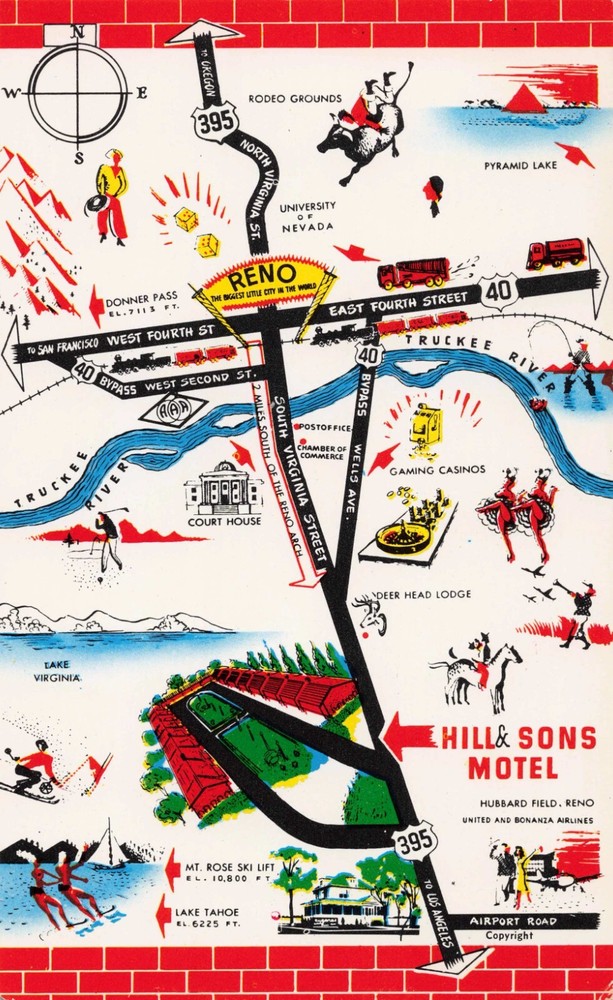 Hill & Sons Motel - Map - Reno Nevada NV - Postcard