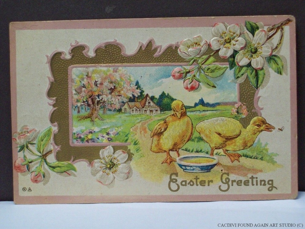 Easter Greetings Postcard Ducks Country Road Pink Flower Apple Blossom Gold Gilt