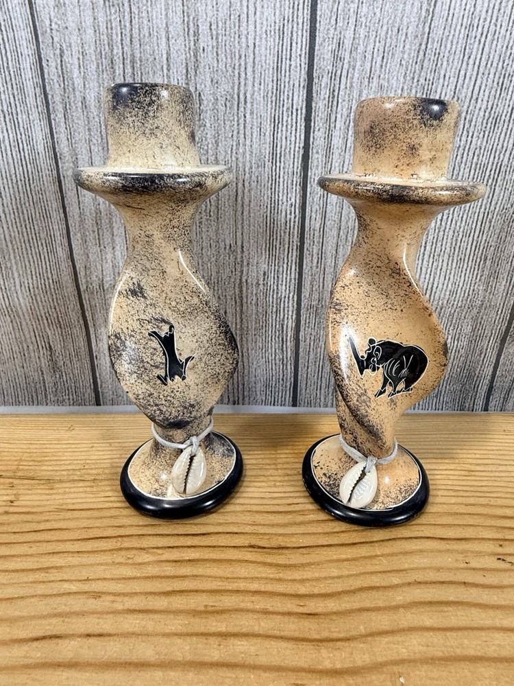 Vtg Kenya Soapstone Spiral Hand Carved Rhino Painted Candle Holder