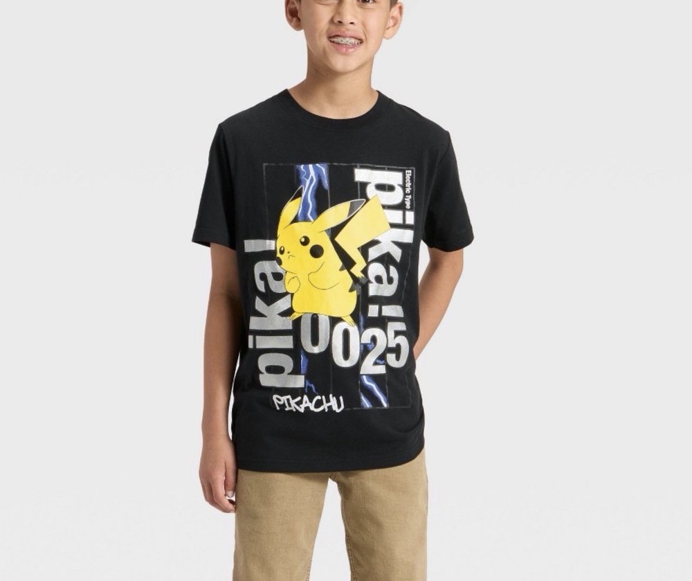 Pokemon Boys T-Shirt Large  Black Logo Pikachu Graphic Short Sleeve Crew Neck