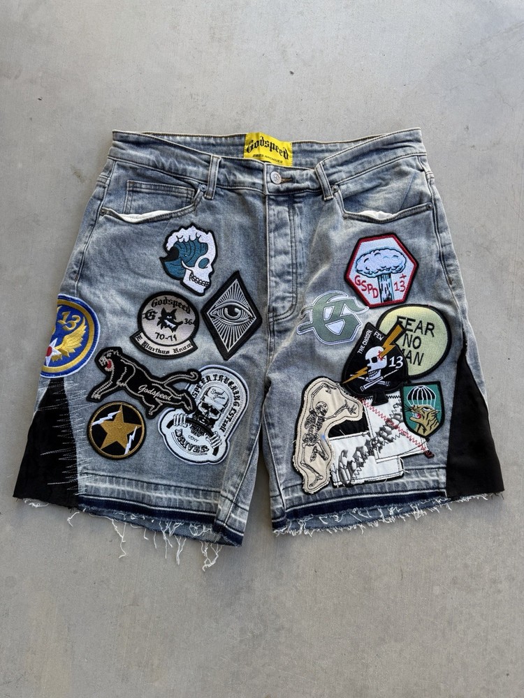 Godspeed Patchwork Denim Shorts Blue V2 Men’s Streetwear New Size 36
