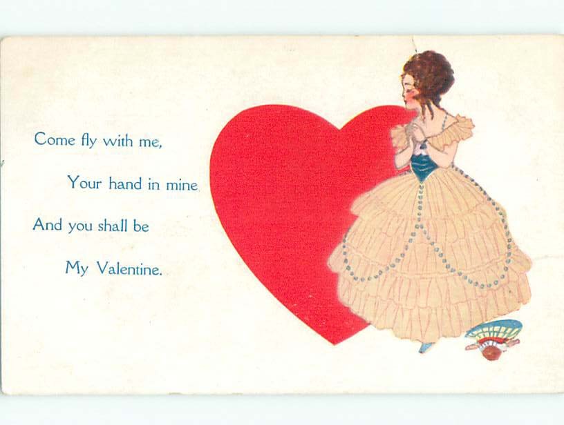 Pre-Linen valentine PRETTY GIRL BESIDE VERY LARGE HEART : make an offer J1086