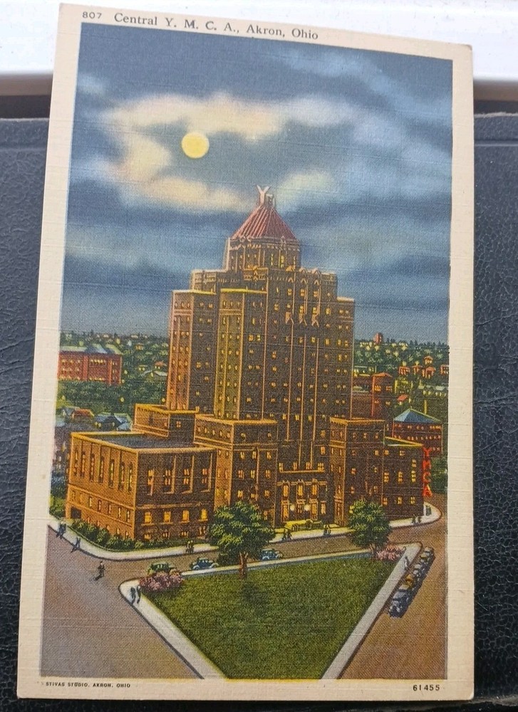 Akron Ohio Central YMCA At Night Moonlight Linen Postcard