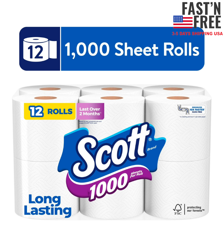 Scott 1000 Toilet Paper, 12 Rolls, 1,000 Sheets per Roll