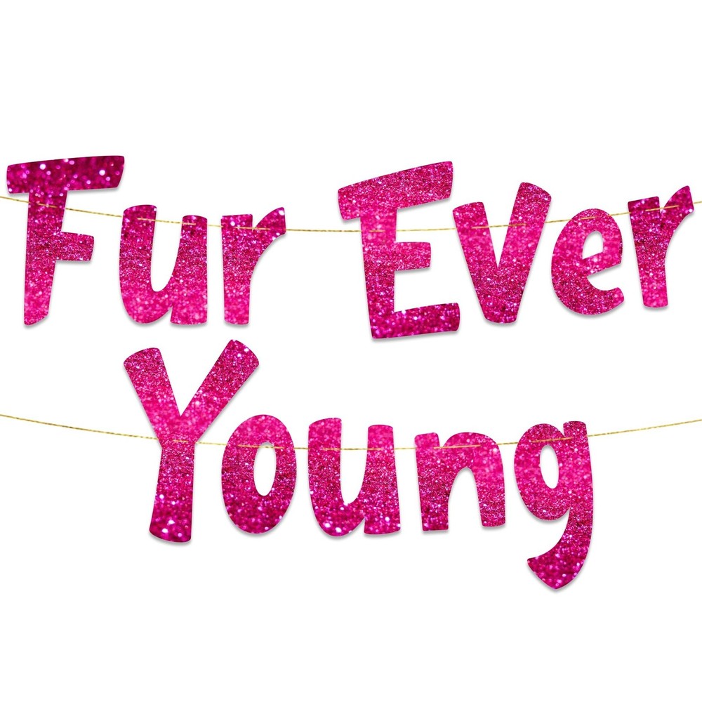 Pre-Strung Furever Young Pink Glitter Banner - Funny Birthday Decorations for...