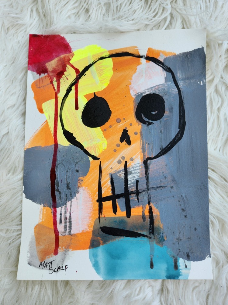 Matt Scalf Abstract Skull Skeleton Graffiti Street Art 9x12 ORIGINAL PAINTING-image