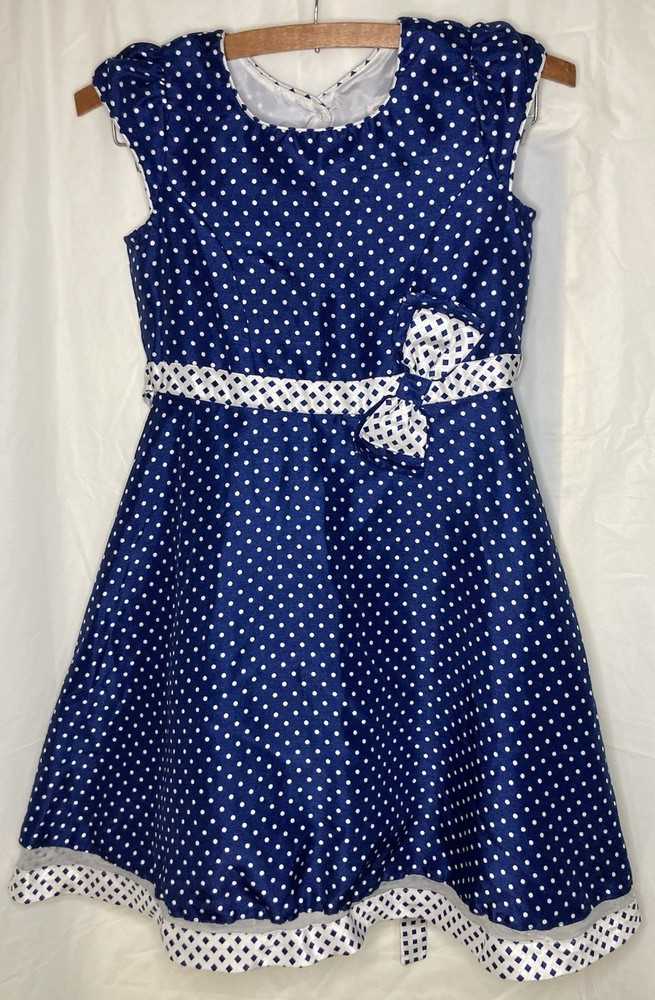Jona Michelle Girls Dress Size Medium 8 Blue With White Polka Dots