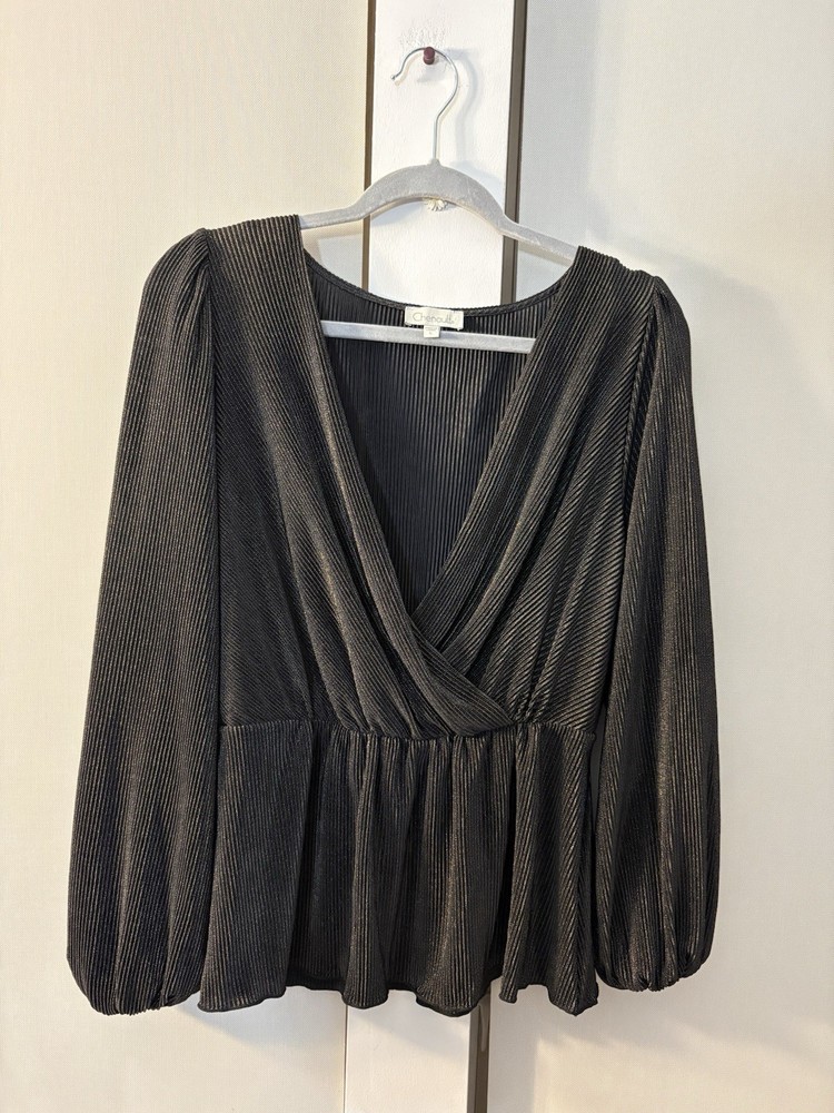 Chenault Women's Black Deep V Pleated Balloon Sleeve Blouse Size L