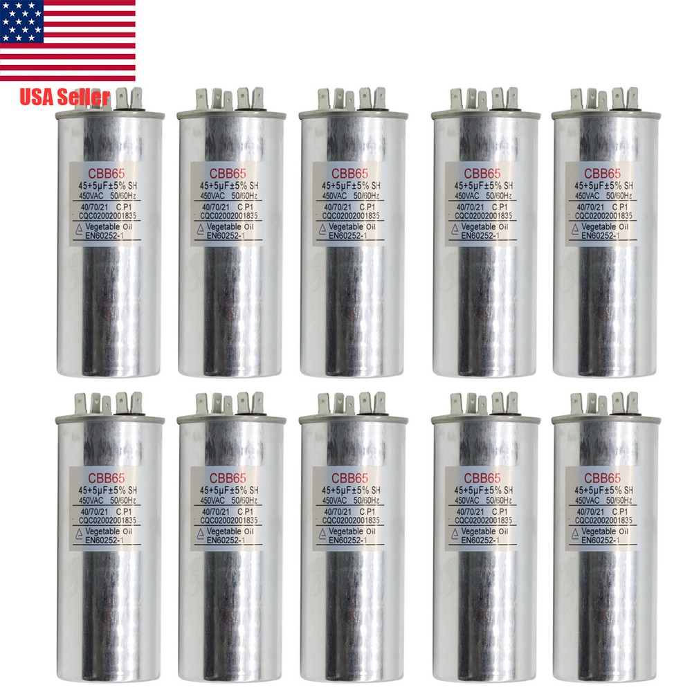 45+5 MFD ±5% Dual Run Capacitor 370 450 VAC CBB65-R AC Motor HVAC Fan 10 Pack