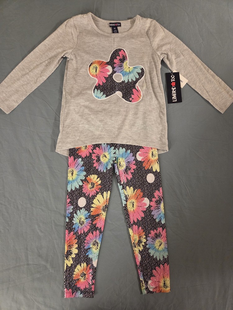 Limited Too Girls 3T 2PC Outfit Set NWT Gray Top Floral Leggings Sparkle 3T