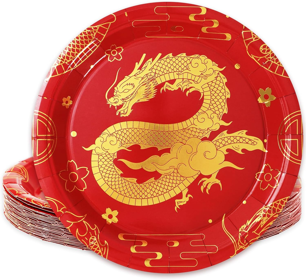 24Pcs Chinese New Year Paper Plates Gold Foil Dragon Disposable Plates Red Gold