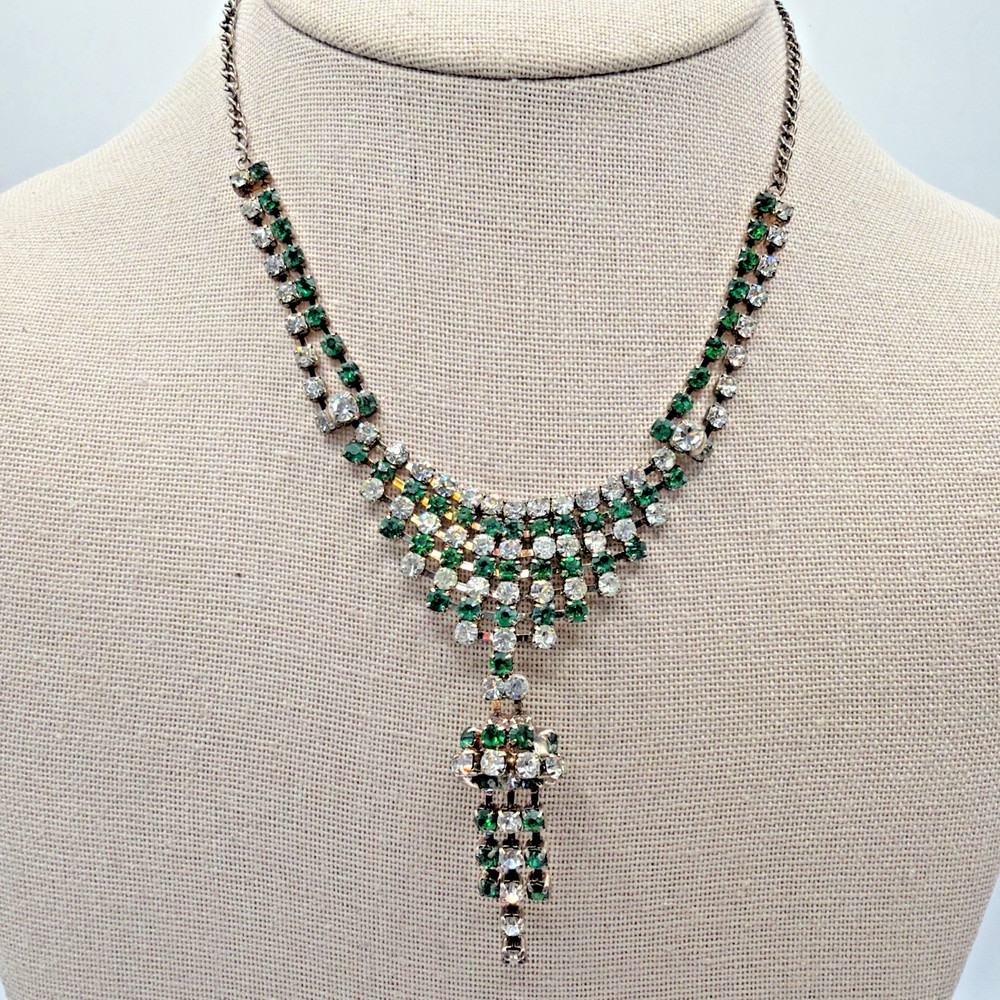 Vtg Kramer of New York emerald green and clear rhinestone necklace