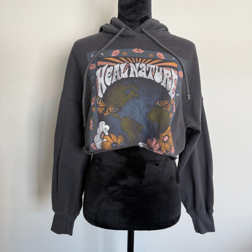Hollister Cropped Graphic Print Hoodie Womens Small Gray 
