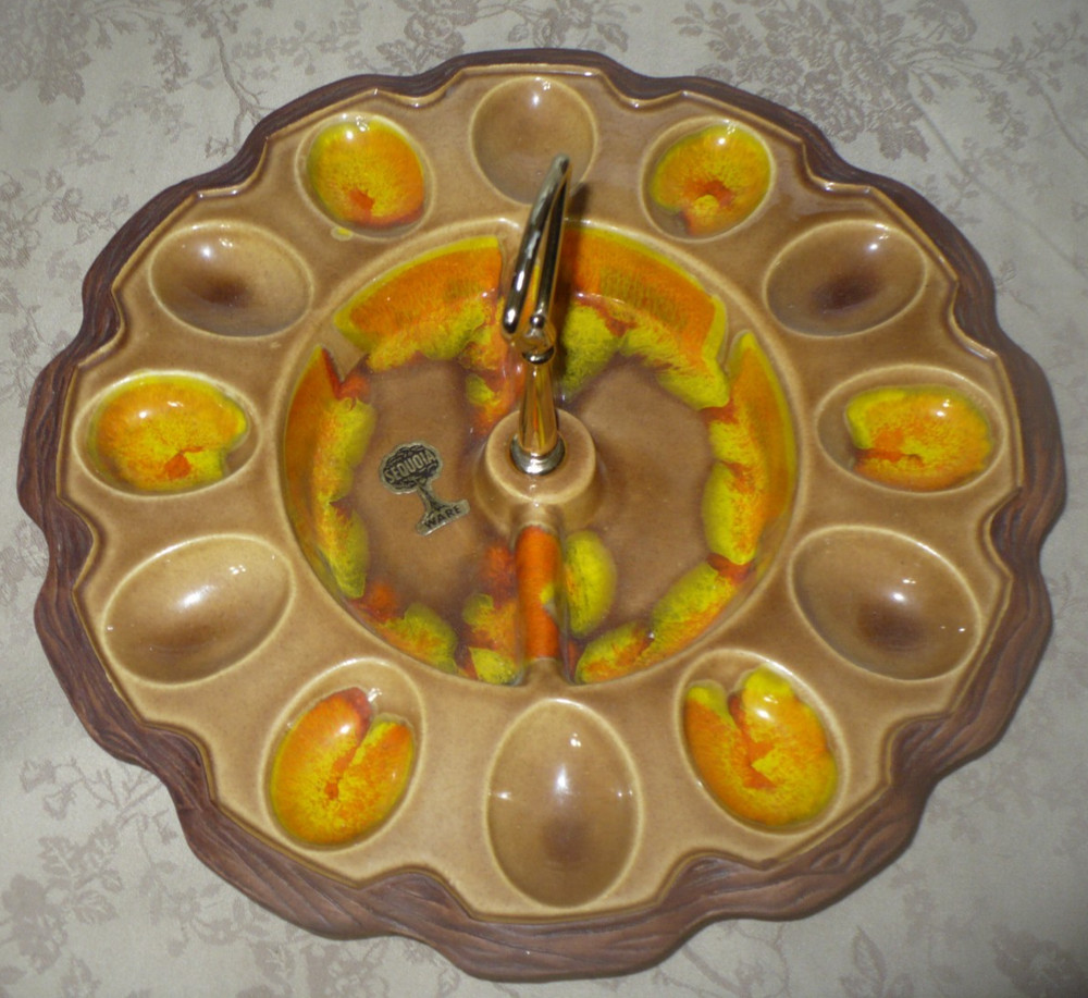 Sequoia Ware Orange Brown Drip Deviled Egg Plate with Handle