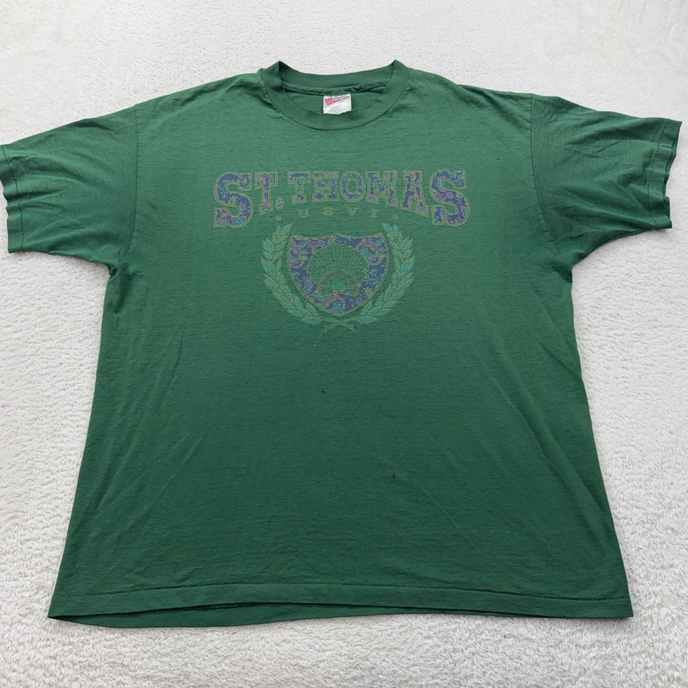 Vintage 90s St Thomas USVI Graphic T Shirt Green Hanes Heavyweight 50/50 Mens XL