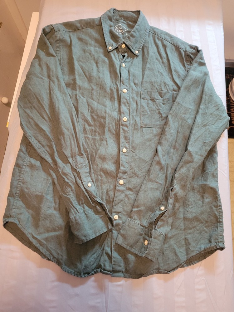 Alex Crane Mens Shirt LGR Green Solid Button Down 100% Linen Made in USA