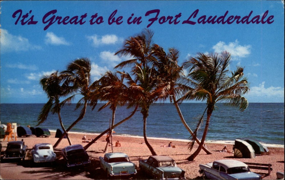 Fort Lauderdale Florida beach palm trees 1950s classic cars vintage postcard