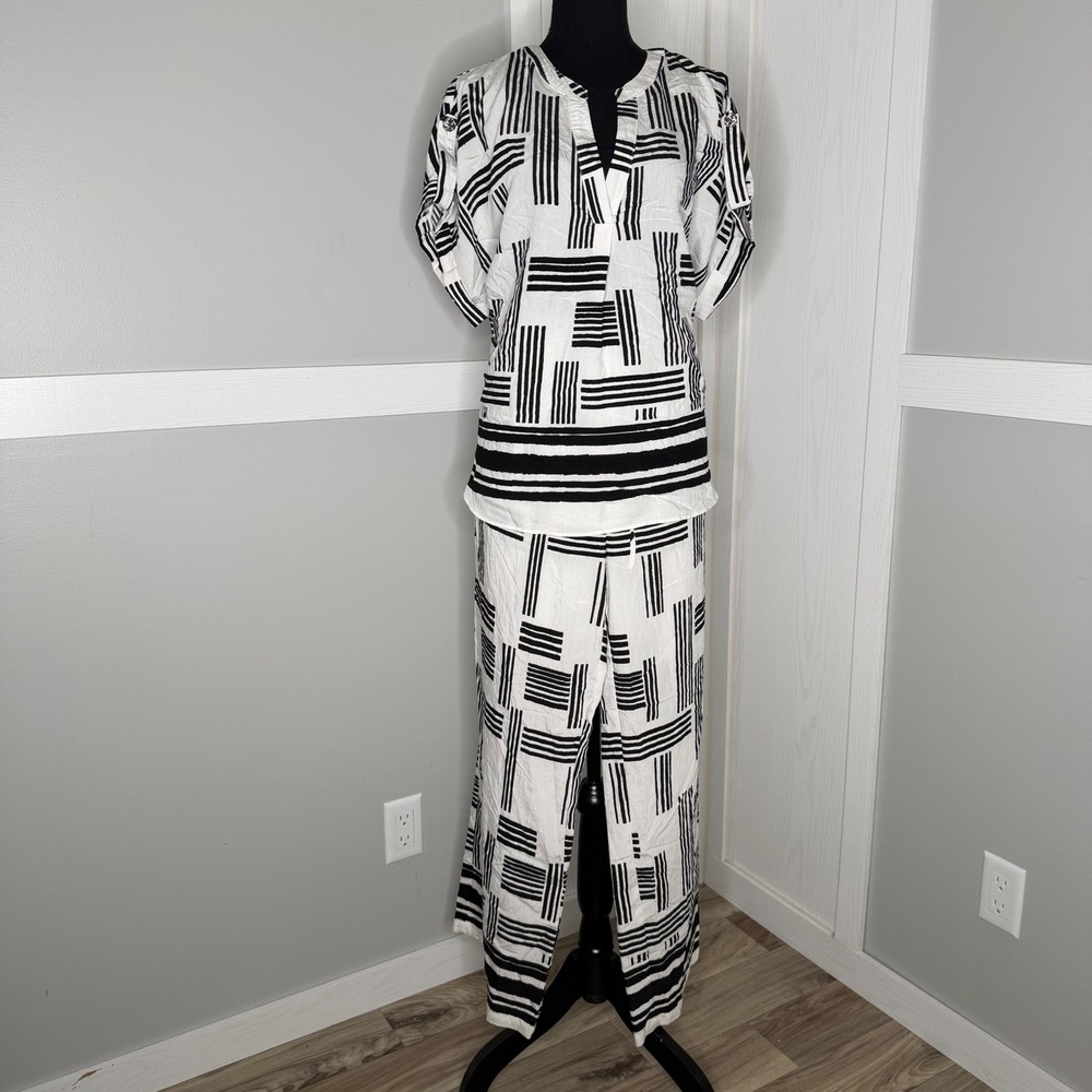 Como Black Pant Set Women XL Black White Geometric Abstract Stripe Relaxed NWT