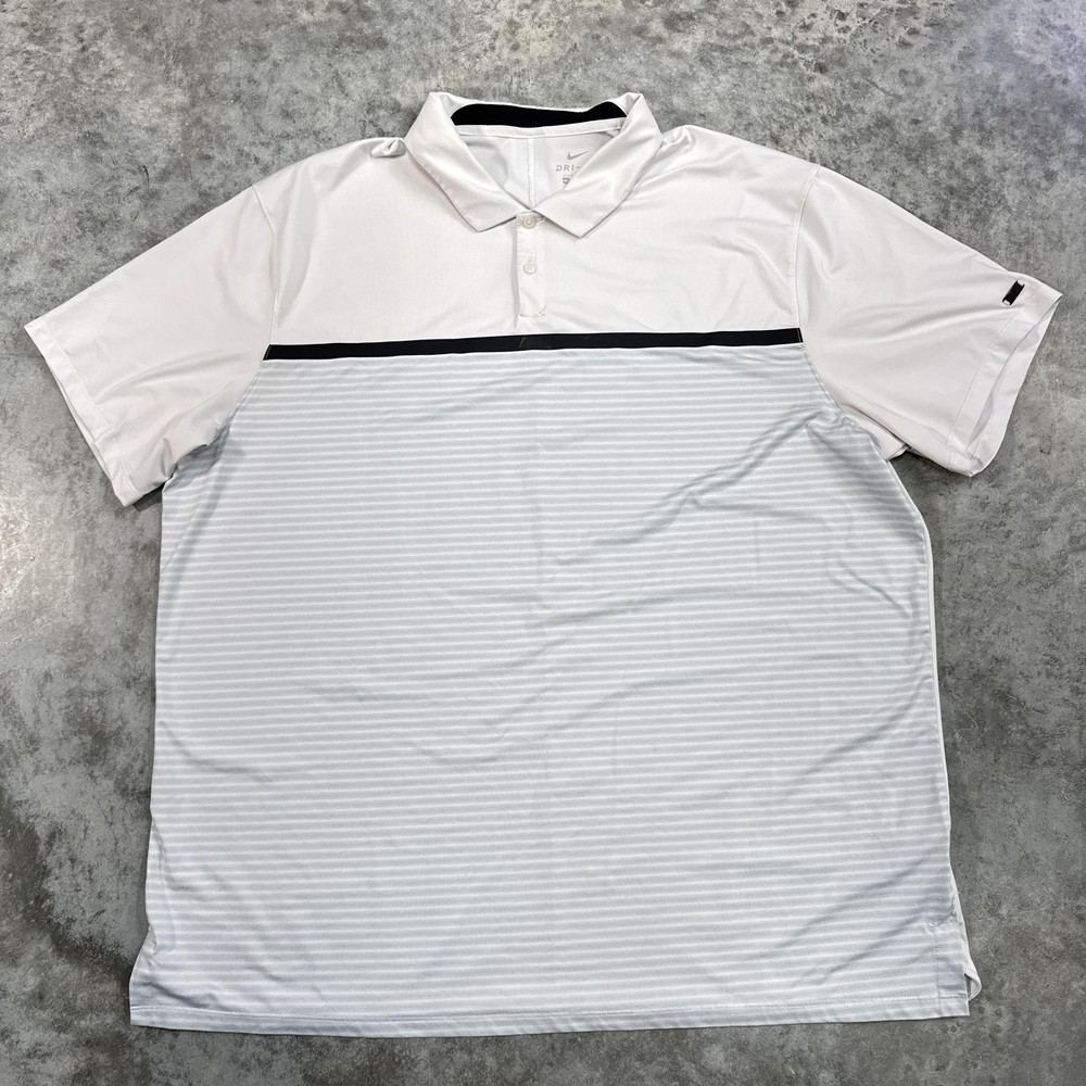 Nike Dri-Fit Polo Shirt Mens 2XL White Gray Striped Golf Performance Tiger Woods