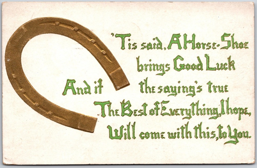 Good Luck, 1910 Golden Horseshoe With Green-Gold Poetic Verse, Vintage Postcard