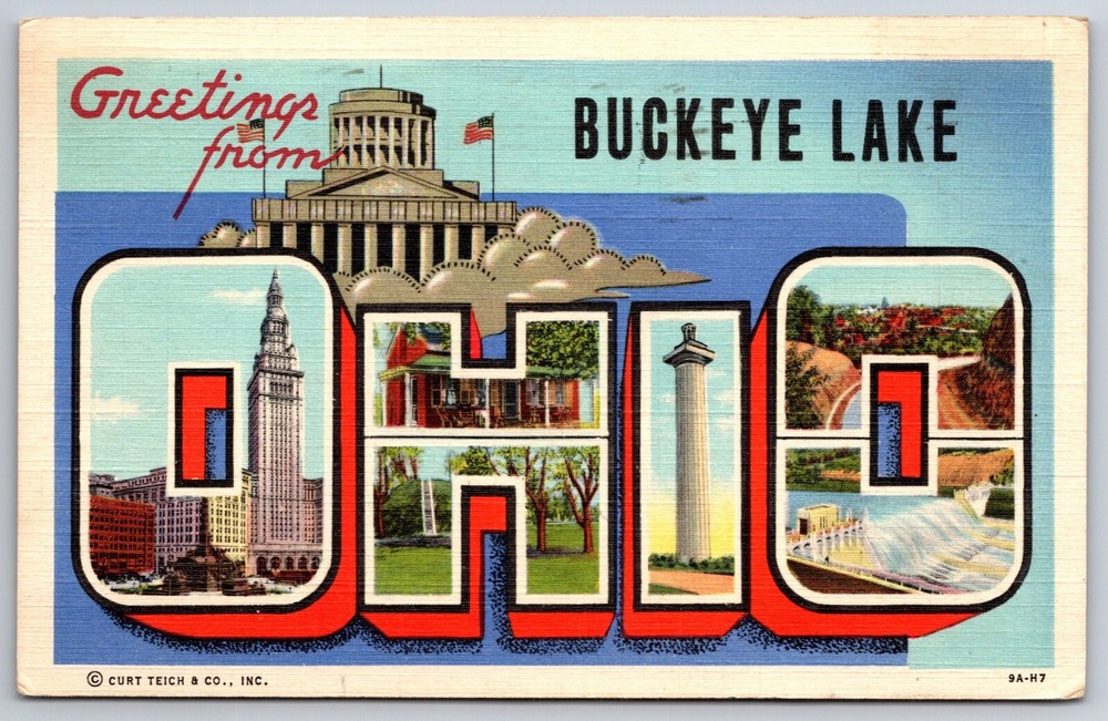 Greetings From Elyria Ohio~State Capitol Bldg~Large Letter Linen Postcard