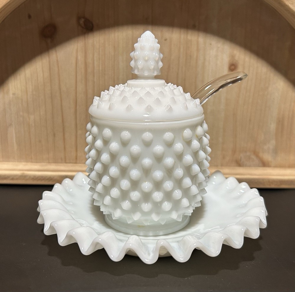Vintage Fenton Milk Glass Hobnail Mustard Condiment Jar With Lid & Spoon & plate