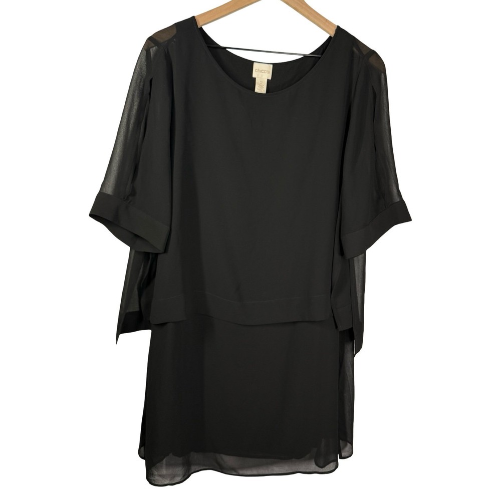 Chico's Black Layered Chiffon Tunic Top Sheer Split Sleeve Blouse Size 2 Large