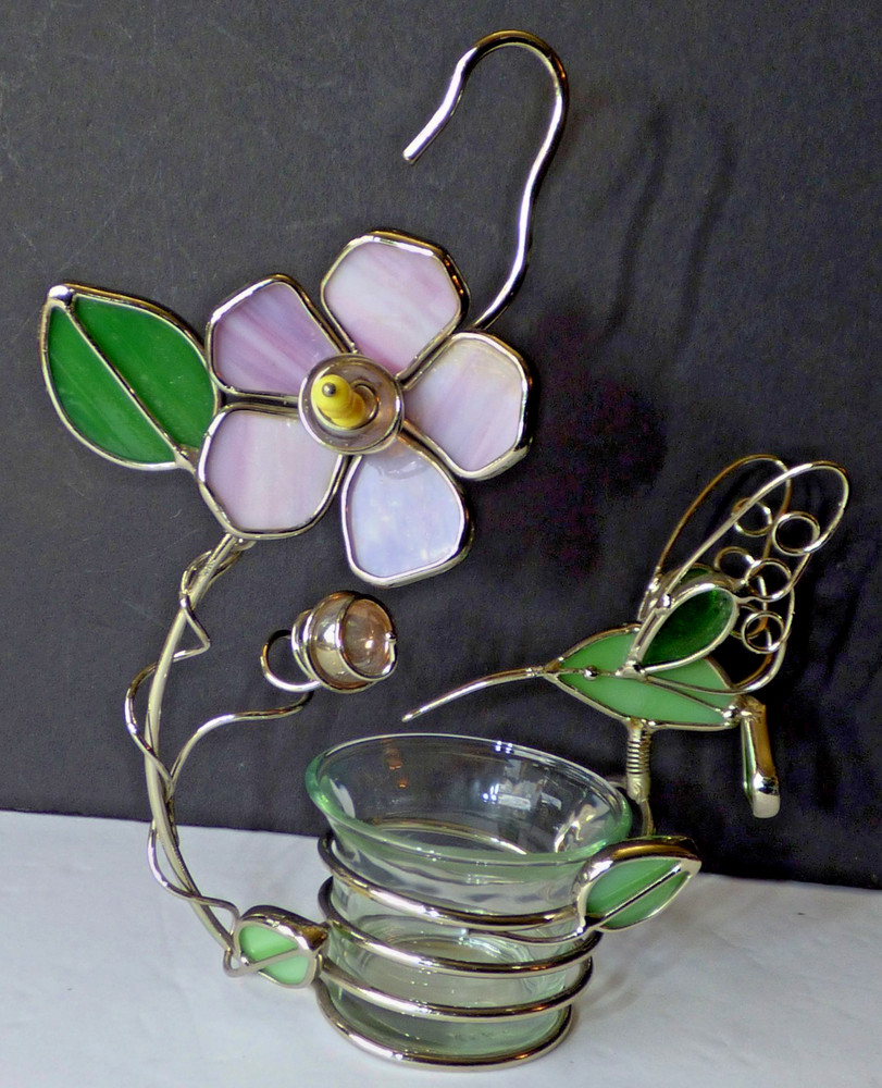 Stained Leaded Glass Flower HUMMING BIRD Candle Votive Holder 3-D Artisan Made