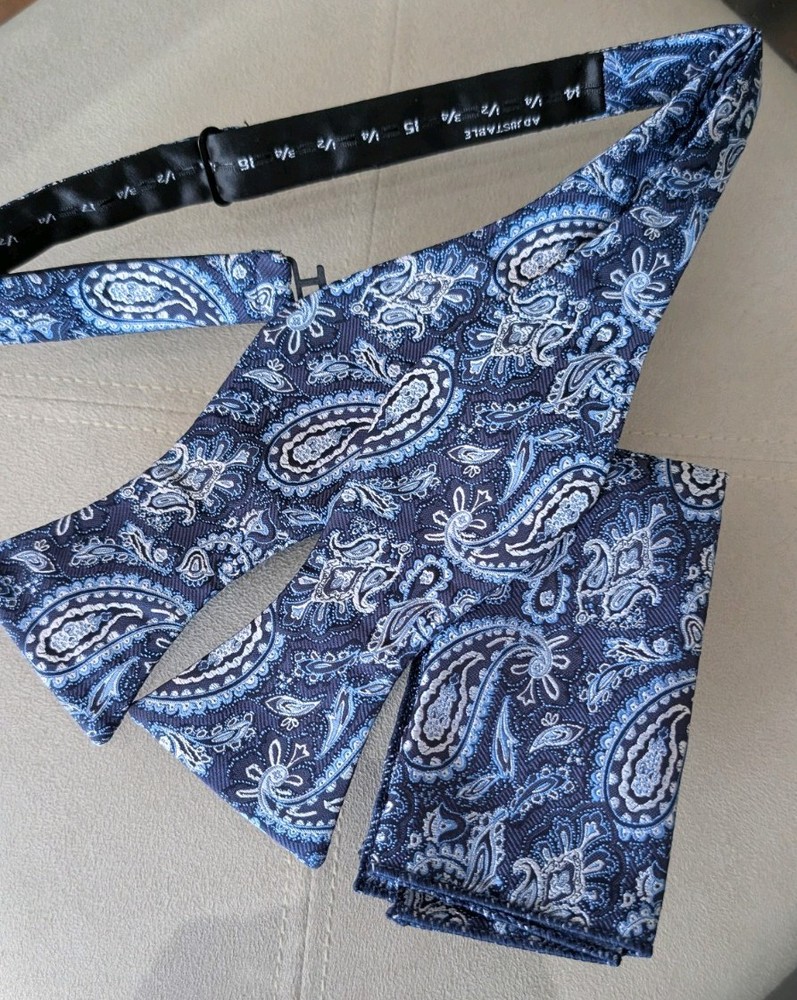 Men's Bow Tie Blue with Blue & White Paisley With Handkerchief Self Tie