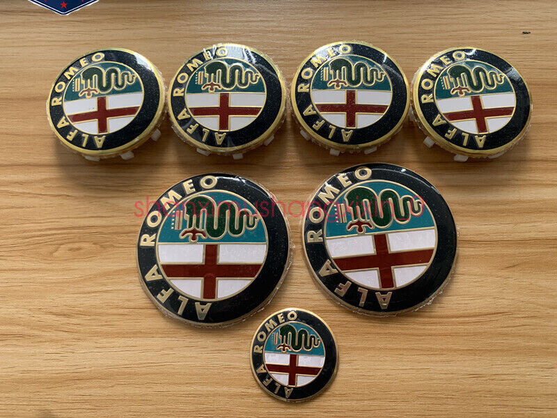 7pcs ALFA ROMEO Car Badge 74mm Hood/Rear 60mm Wheel 40mm Steering Wheel Gold