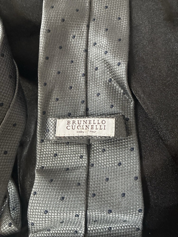 Brunello Cucinelli Gray Polka Dot Silk Tie Made In Itaily Red Stitch