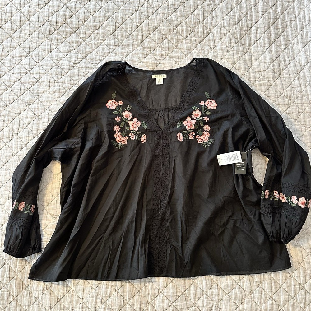 NWT Torrid Women's Festi Embroidered Popover Top Black Pink Floral Boho Size 5X