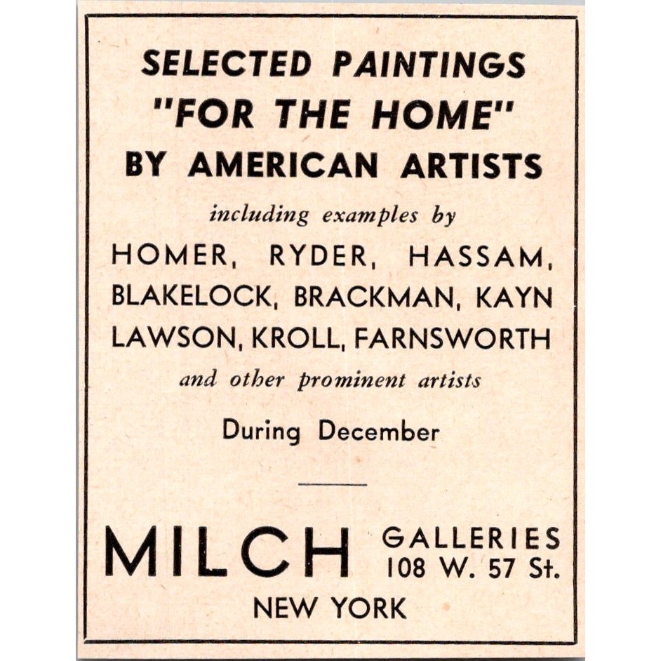 Milch Galleries Selected Paintings For Home Homer Ryder Kroll NY 1943 Ad SAJ5-M4
