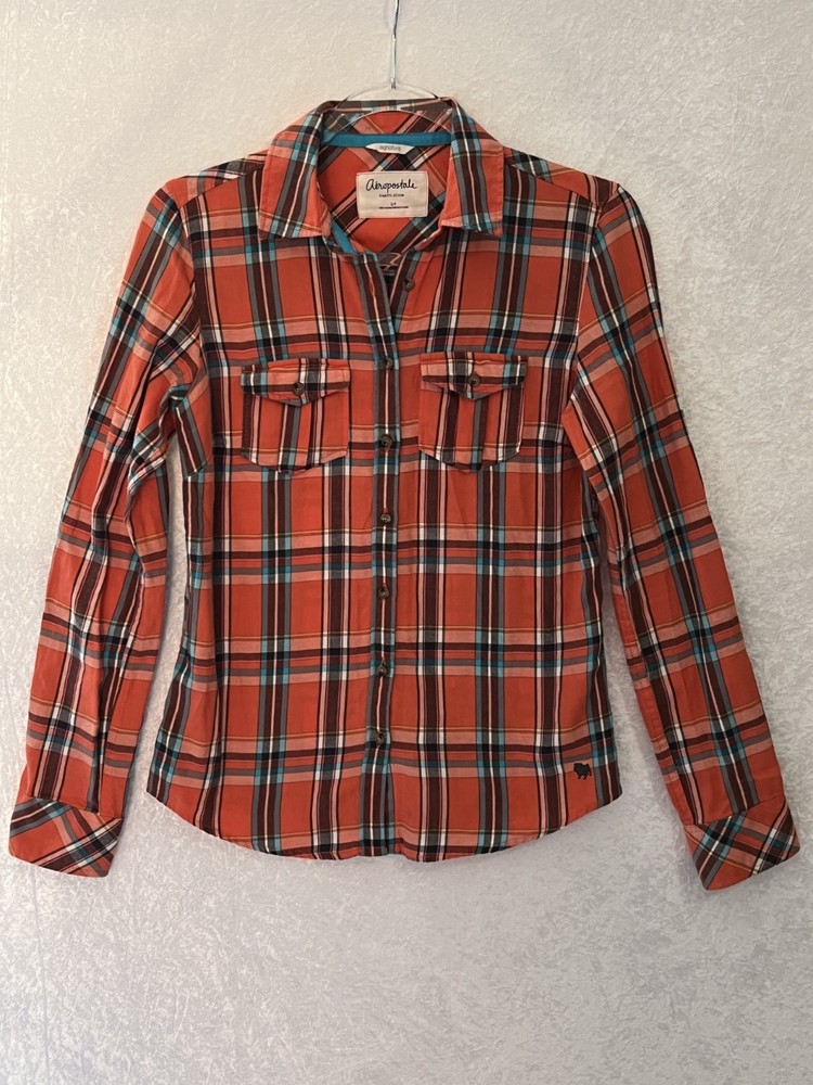 Aeropostale Signiture Button Down Womens Size Small Orange and Multicolor Plaid