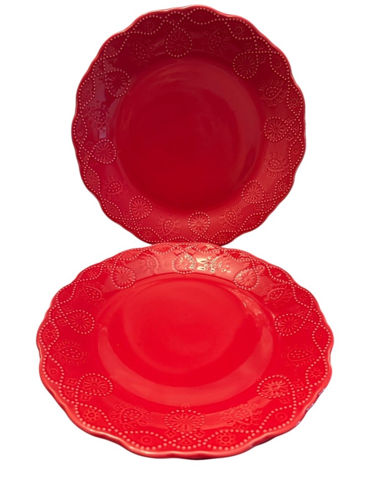 Pioneer Woman Red Cowgirl Lace Stoneware Dinner Plates 10.5 Inch Farmhouse Style
